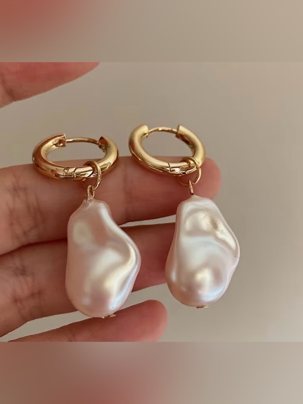Gold Hoop Earrings Baroque White Pearl Drops